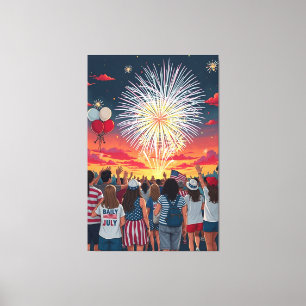 Patriottische 4th of July Vuurwerk Viering Menigte Canvas Afdruk