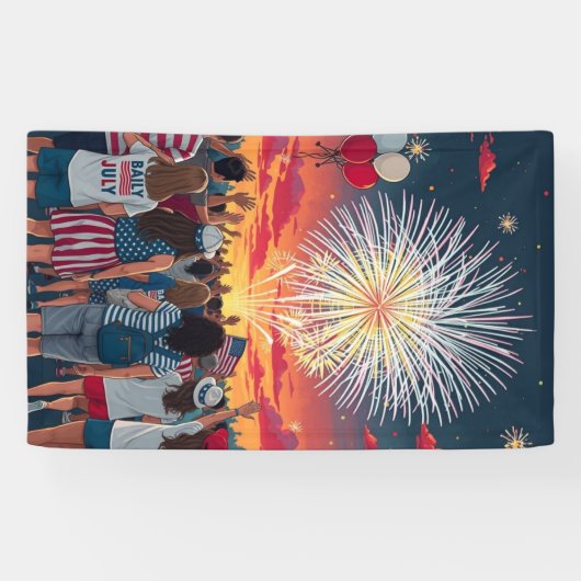 Patriottische 4th of July Vuurwerk Viering Menigte Spandoek (Horizontaal)