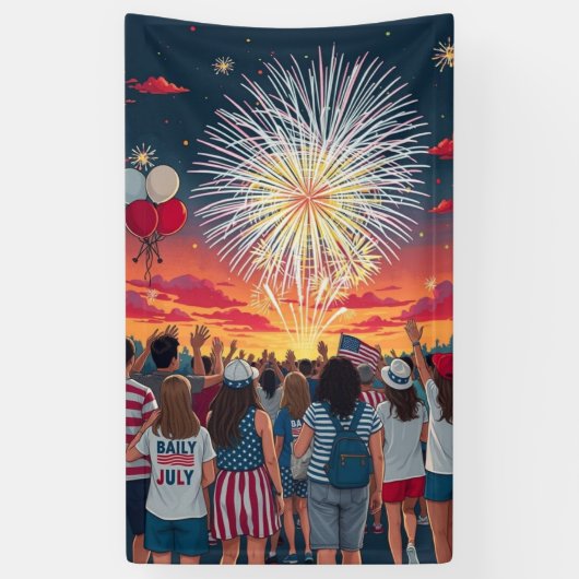 Patriottische 4th of July Vuurwerk Viering Menigte Spandoek (Verticaal)