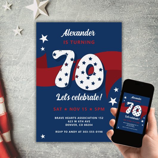 Patriottische 70e Verjaardag Party Rood Wit Blauw  Kaart