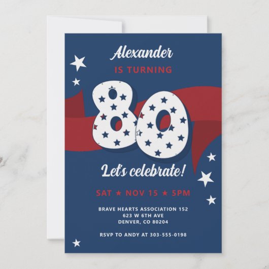 Patriottische 80ste Verjaardag Party Rood Wit Blau Kaart (Voorkant)