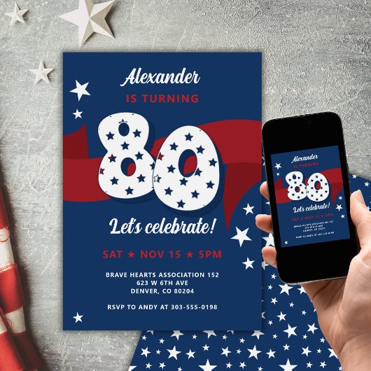 Patriottische 80ste Verjaardag Party Rood Wit Blau Kaart
