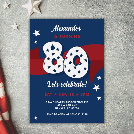 Patriottische 80ste Verjaardag Party Rood Wit Blau Kaart