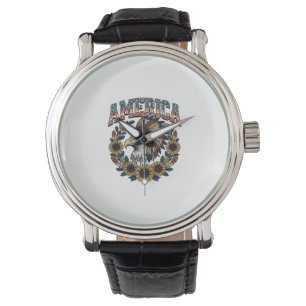Patriottische Adelaar Amerika Zonnebloem Vintage Horloge