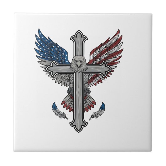 Patriottische Adelaar Kruis Vintage Gravure Vector Tegeltje (Voorkant)