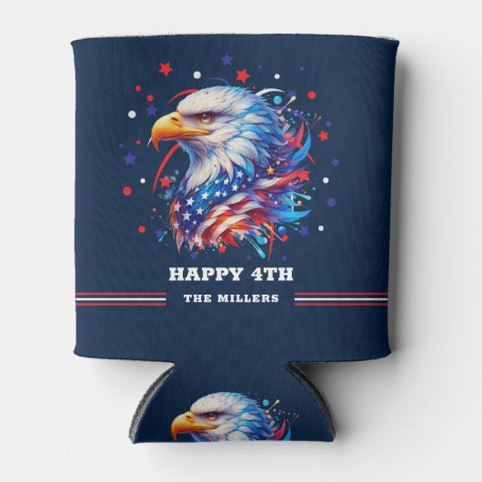 Patriottische adelaar vuurwerk op marineblauw blikjeskoeler (Voorkant)