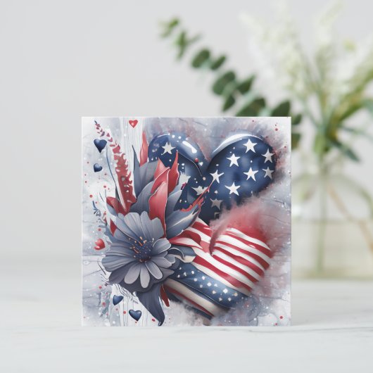 Patriottische Amerikaanse Hart Kunst Bloemen Feestdagenkaart (Staand voorkant)