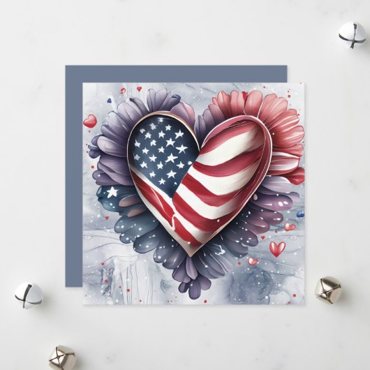 Patriottische Amerikaanse Hart Kunst Bloemen Feestdagenkaart (Voorkant / Achterkant in situ)
