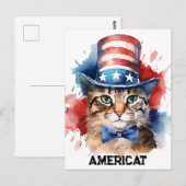 Patriottische Amerikaanse Kat, 4 juli Boodschappen Briefkaart (Voorkant / Achterkant)