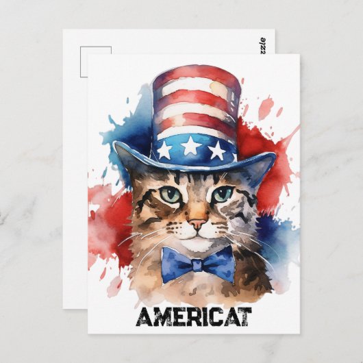 Patriottische Amerikaanse Kat, 4 juli Boodschappen Briefkaart (Voorkant / Achterkant)