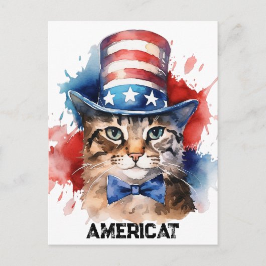 Patriottische Amerikaanse Kat, 4 juli Boodschappen Briefkaart (Voorkant)