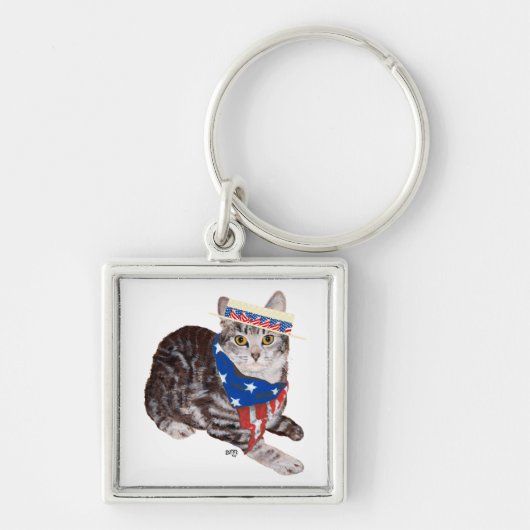 Patriottische Amerikaanse Korthaar Tabby Kat Sleutelhanger (Voorkant)