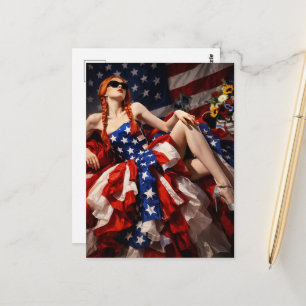 Patriottische Amerikaanse Modetrends Vrouw in Jurk Briefkaart