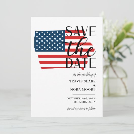 Patriottische Amerikaanse staat Iowa Destination W Save The Date (Staand voorkant)