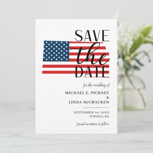 Patriottische Amerikaanse staat Kansas Destination Save The Date (Staand voorkant)