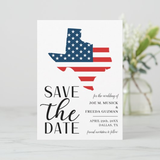 Patriottische Amerikaanse Texas Bestemming Trouwlo Save The Date (Staand voorkant)