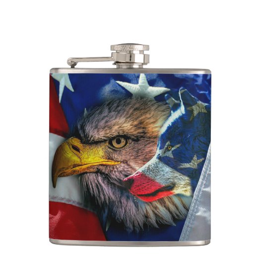 Patriottische Amerikaanse vlag Bald Eagle Wolf Heupfles (Voorkant)