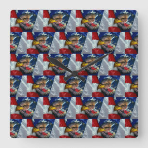 Patriottische Amerikaanse vlag Bald Eagle Wolf Vierkante Klok