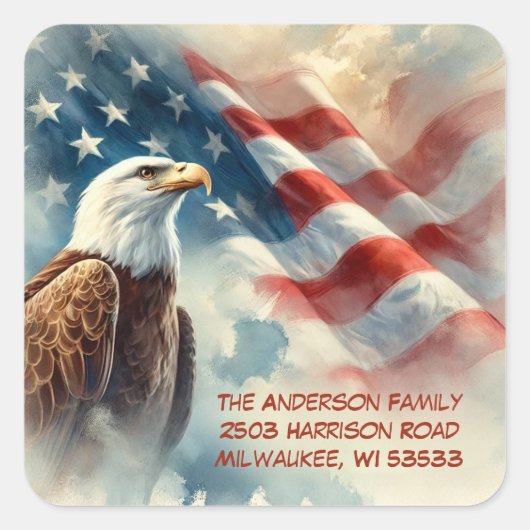 Patriottische Amerikaanse vlag en Bald Eagle-adres Vierkante Sticker (Voorkant)