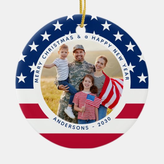 Patriottische Amerikaanse vlag gepersonaliseerd 2  Keramisch Ornament (Voorkant)