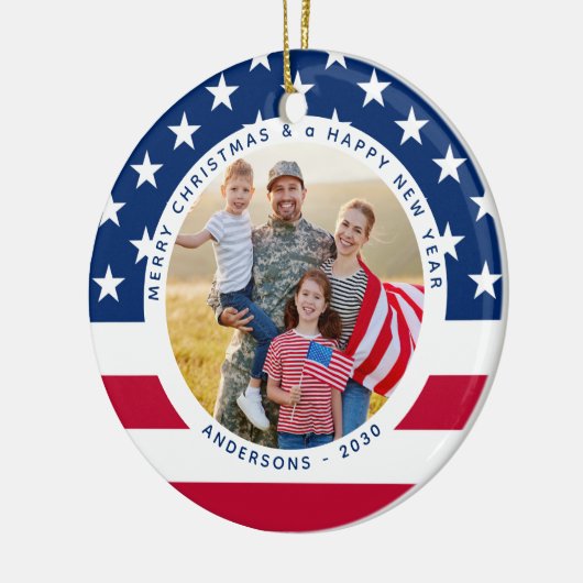 Patriottische Amerikaanse vlag gepersonaliseerd 2  Keramisch Ornament (Links)