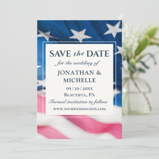 Patriottische Amerikaanse vlag Inspirerend bruilof Save The Date (Staand voorkant)