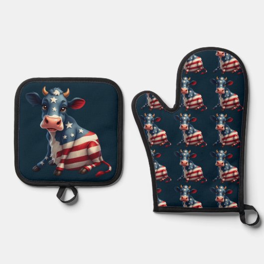 Patriottische Amerikaanse vlag Koe Ovenwant & Pannenlap Set (Voorkant)