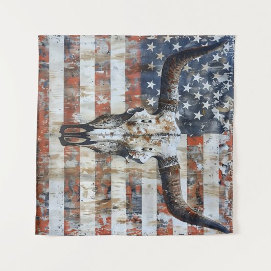 Patriottische Amerikaanse vlag langhoorn schedel T Wandkleed (Voorkant (horizontaal))