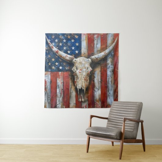 Patriottische Amerikaanse vlag langhoorn schedel Wandkleed (In situ)