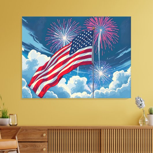 Patriottische Amerikaanse Vlag met Vuurwerk - 4 ju Canvas Afdruk (Insitu (Woonkamer))