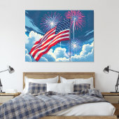 Patriottische Amerikaanse Vlag met Vuurwerk - 4 ju Canvas Afdruk (Insitu (Slaapkamer))