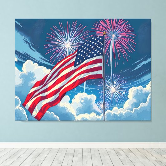 Patriottische Amerikaanse Vlag met Vuurwerk - 4 ju Canvas Afdruk (Insitu (Houten vloer))