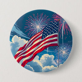 Patriottische Amerikaanse Vlag met Vuurwerk - 4 ju Ronde Button 7,6 Cm
