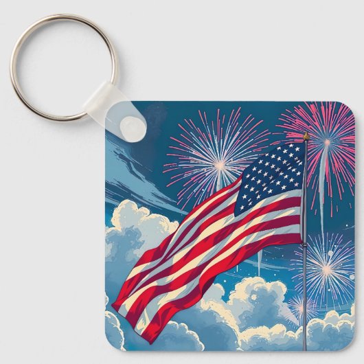 Patriottische Amerikaanse Vlag met Vuurwerk - 4 ju Sleutelhanger (Voorkant)
