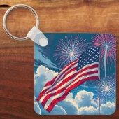 Patriottische Amerikaanse Vlag met Vuurwerk - 4 ju Sleutelhanger (Voorkant)