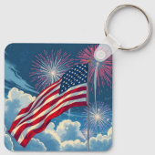 Patriottische Amerikaanse Vlag met Vuurwerk - 4 ju Sleutelhanger (Achterkant)