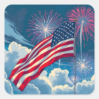 Patriottische Amerikaanse Vlag met Vuurwerk - 4 ju Vierkante Sticker