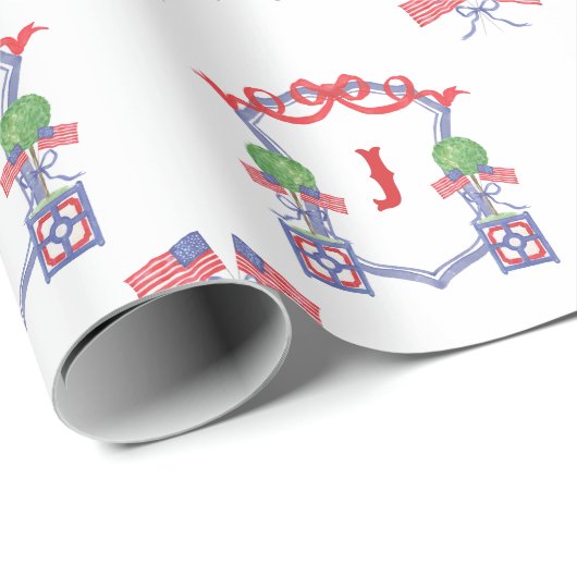 Patriottische Amerikaanse vlag Topiary Monogram Cr Cadeaupapier (Rol Hoek)