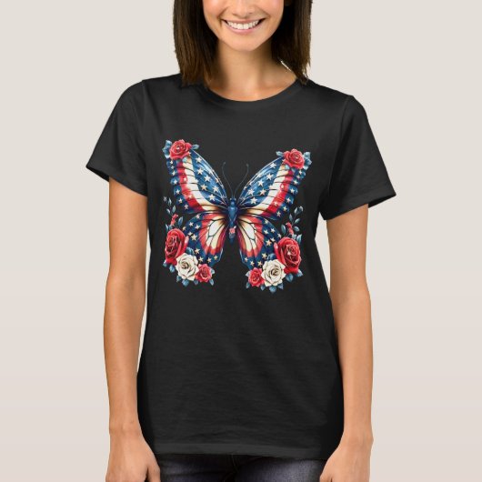 Patriottische Amerikaanse vlag Vlinder en bloemen T-shirt (Voorkant)