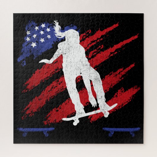 Patriottische Amerikaanse vlag Vrouwenskateboarden Legpuzzel (Verticaal)