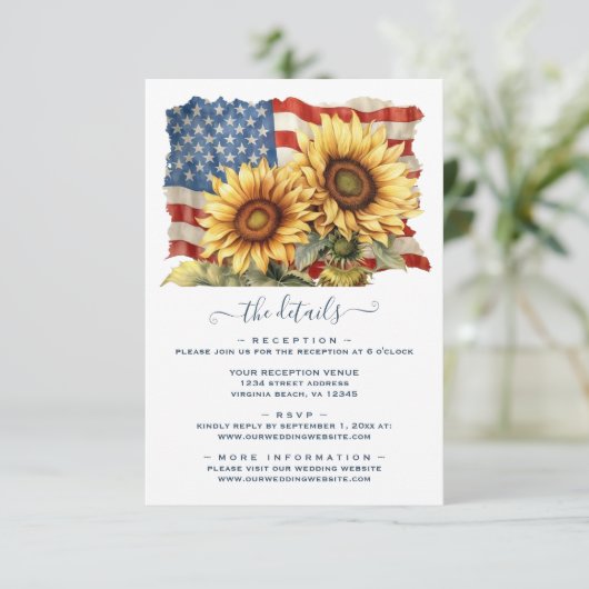 Patriottische Amerikaanse Vlag Zonnebloem Bruiloft Informatiekaartje (Staand voorkant)