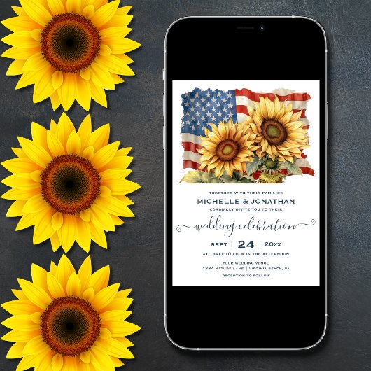 Patriottische Amerikaanse vlag Zonnebloem Bruiloft Kaart