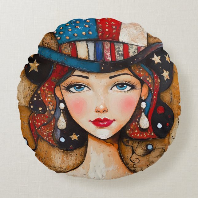 patriottische amerikaanse vrouw rond kussen (Voorkant)