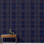 Patriottische Art Deco - Gouden Strepen Rode Ster  Behang<br><div class="desc">Peel 'n Stick Vinyl Wallpaper heeft een origineel patriottisch art deco-stijlpatroon dat bestaat uit 4 sets dubbele militaire gouden verticale strepen afgewisseld met een met goud omrande rode 5-pt ster,  allemaal tegen een achtergrond van rijk donker marineblauw. Ideaal voor elke kantoor,  hal,  bibliotheek,  man-grot,  etc.</div>