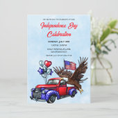 Patriottische auto en arend op 4 juli Uitnodiginge Save The Date (Staand voorkant)