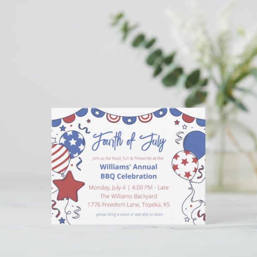 Patriottische Ballonnen Vierde juli Party Uitnodig Briefkaart (Staand voorkant)