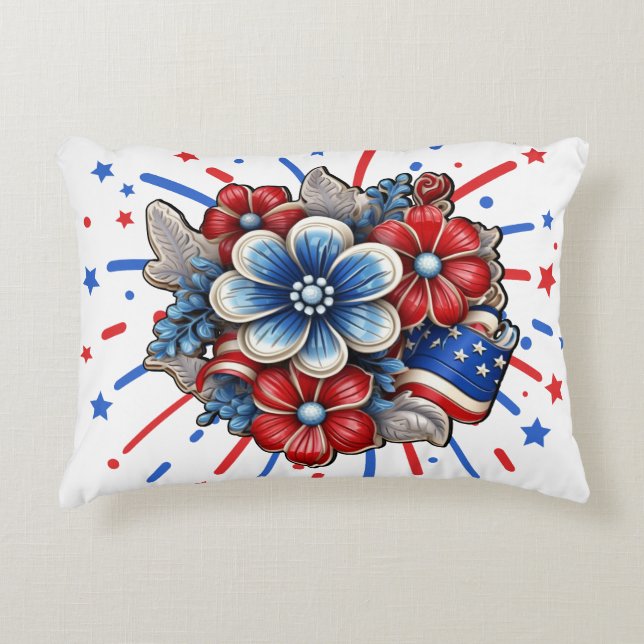 Patriottische Bloemen in Rood Wit & Blauw 4 juli Accent Kussen (Voorkant)
