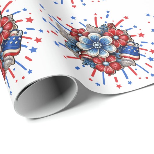 Patriottische Bloemen in Rood Wit & Blauw 4 juli Cadeaupapier (Rol Hoek)