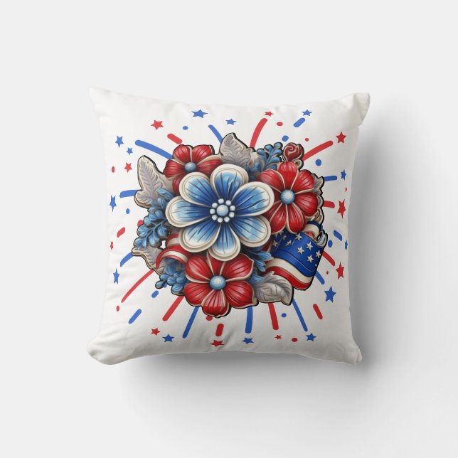 Patriottische Bloemen in Rood Wit & Blauw 4 juli Kussen (Voorkant)