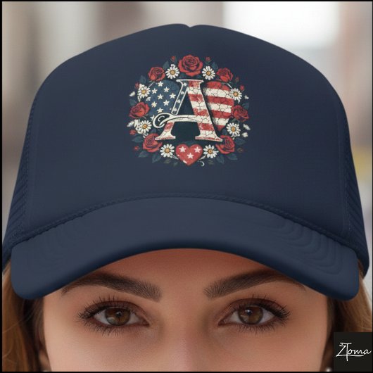 Patriottische bloemige letter A kransontwerp Trucker Pet
